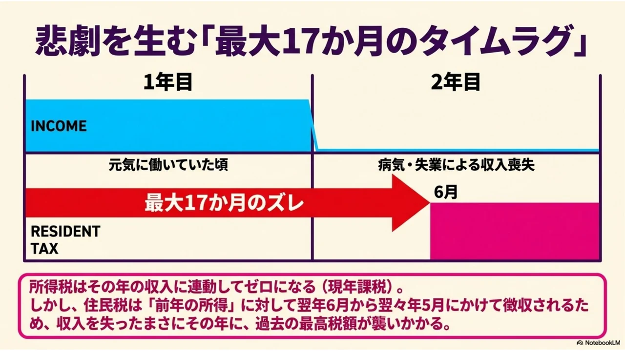 スライド2：所得税は現年課税だが住民税は前年所得に課税され、収入を失った年に最大17か月遅れで最高税額が襲いかかる図解