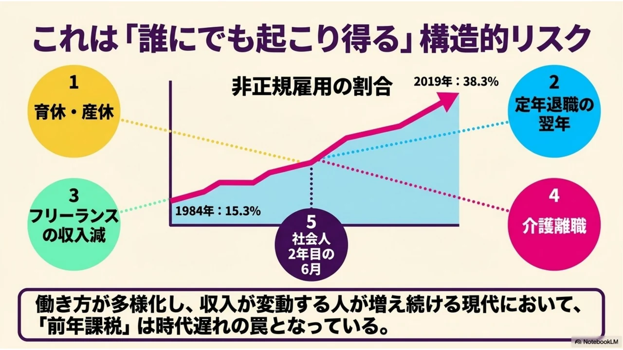 スライド3：育休・定年退職・フリーランスの収入減・介護離職・社会人2年目。非正規雇用の増加とともに誰にでも起こり得る構造的リスク