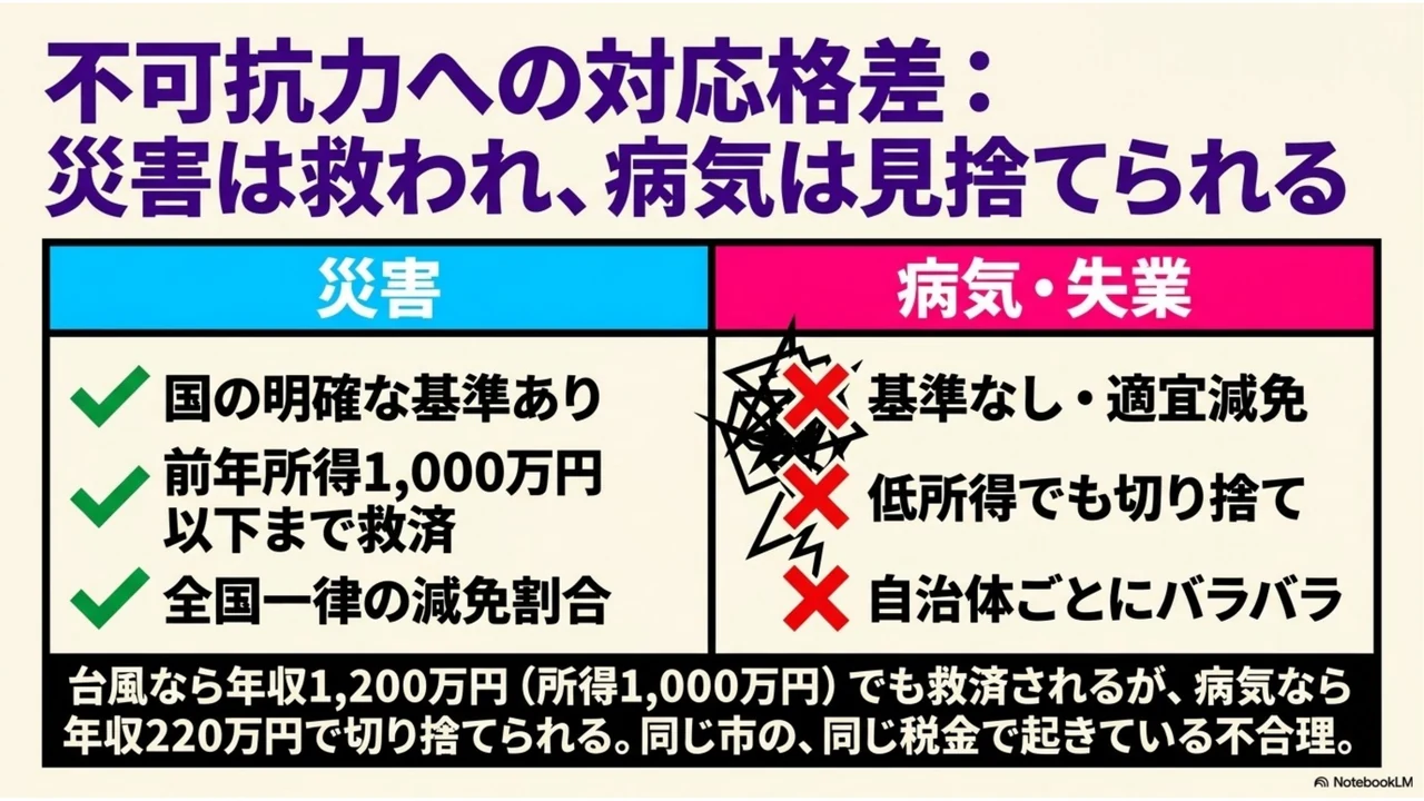 スライド4：災害には国の明確な減免基準があるのに、病気・失業には基準がなく低所得でも切り捨てられる対応格差の比較表