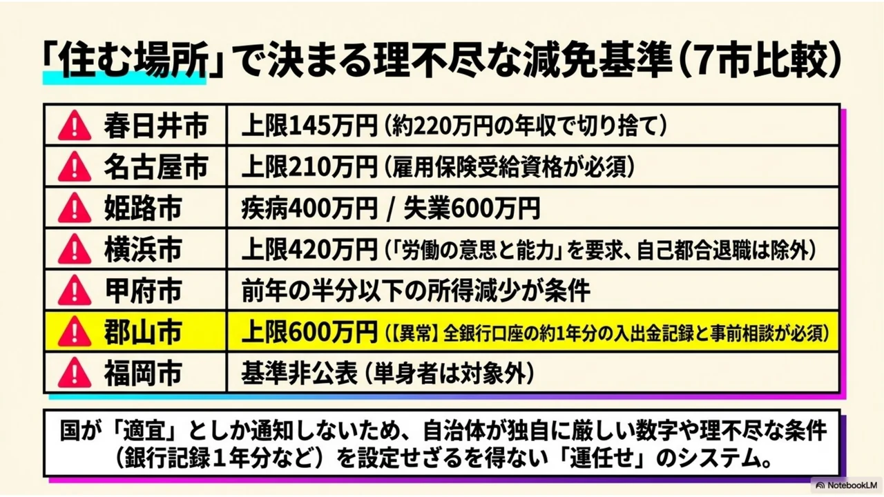 スライド5：春日井市・名古屋市・姫路市・横浜市・甲府市・郡山市・福岡市の減免基準比較。住む場所で救済の可否が決まる