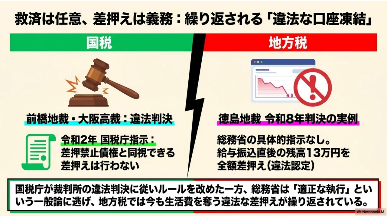 スライド8：国税庁は違法判決を受けて差押えルールを改めたが、地方税では給与振込直後の全額差押えが今も繰り返されている比較