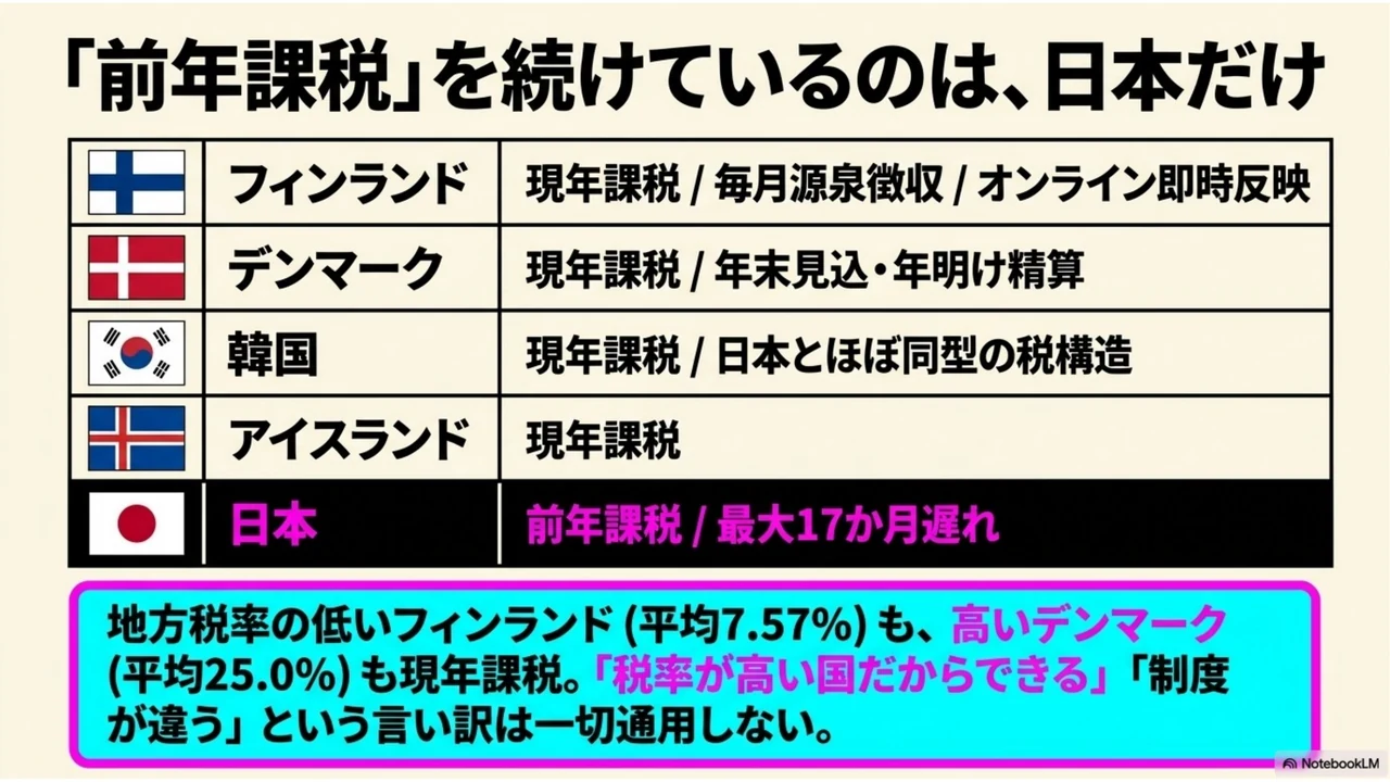 スライド9：フィンランド・デンマーク・韓国・アイスランドはすべて現年課税。前年課税を続けているのは日本だけという国際比較表