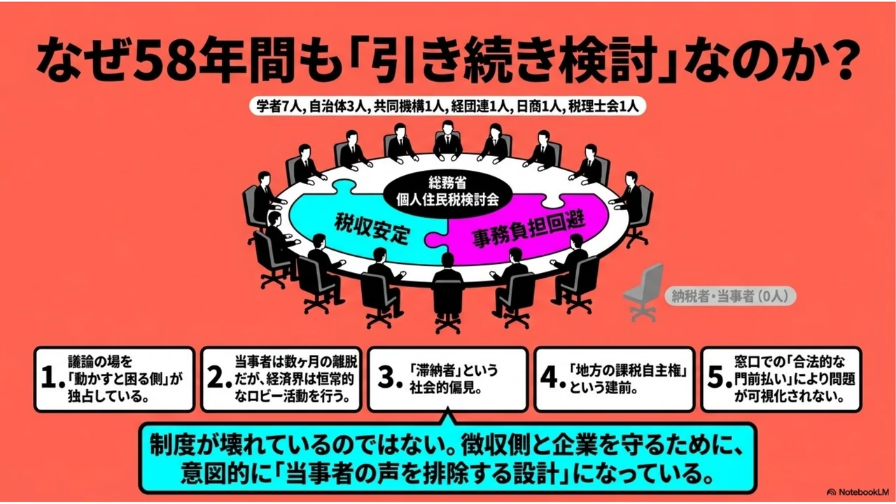 スライド10：総務省の検討会に納税者・当事者の席はゼロ。税収安定と事務負担回避を優先し58年間「引き続き検討」が続く構造の図解
