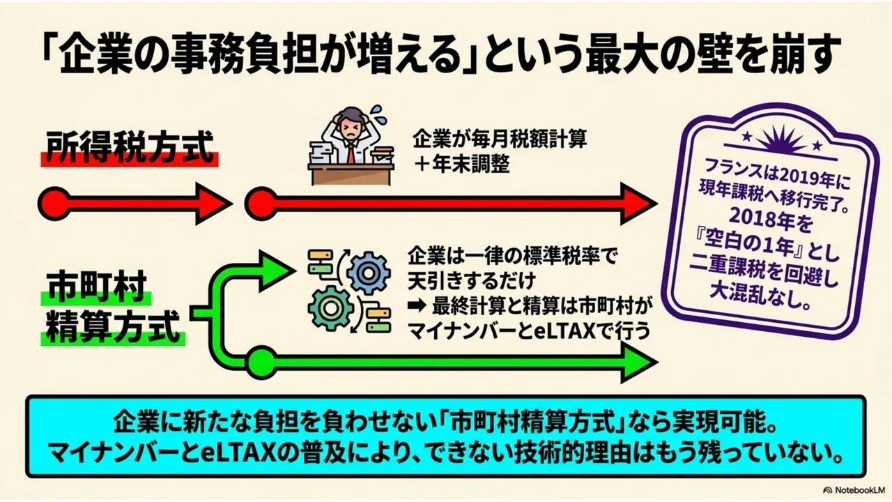 スライド11：企業に負担を負わせない市町村精算方式なら現年課税へ移行可能。フランスは2019年に移行完了しており技術的障害はない