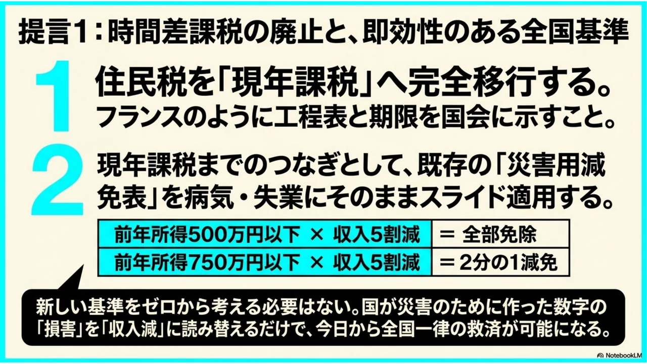 スライド12：提言1。住民税の現年課税への完全移行と、つなぎとして災害用減免表を病気・失業にスライド適用する全国基準