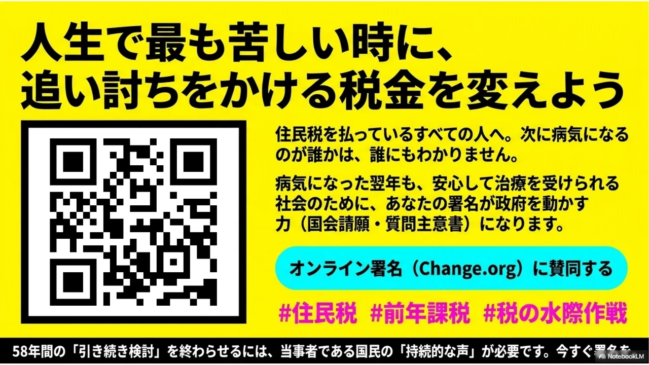スライド14：人生で最も苦しい時に追い討ちをかける税金を変えよう。オンライン署名への参加を呼びかける最終スライド