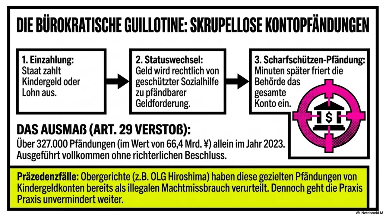 Folie 10 von 15. Die bürokratische Guillotine: skrupellose Kontopfändungen.