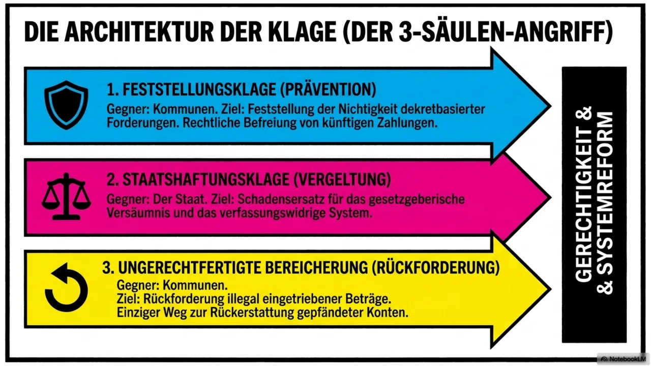 Folie 13 von 15. Die Architektur der Klage: der Drei-Säulen-Angriff.