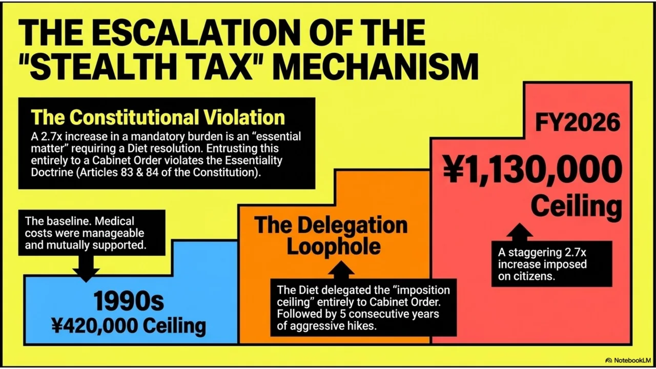 Slide 3 of 15. The escalation of the stealth tax mechanism: the ceiling climbs from 420,000 yen to 1,130,000 yen.