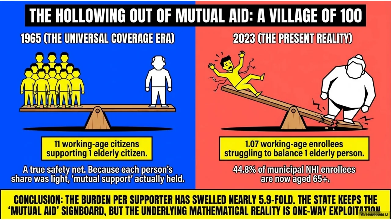 Slide 5 of 15. The hollowing out of mutual aid: a village of 100, in 1965 and in 2023.