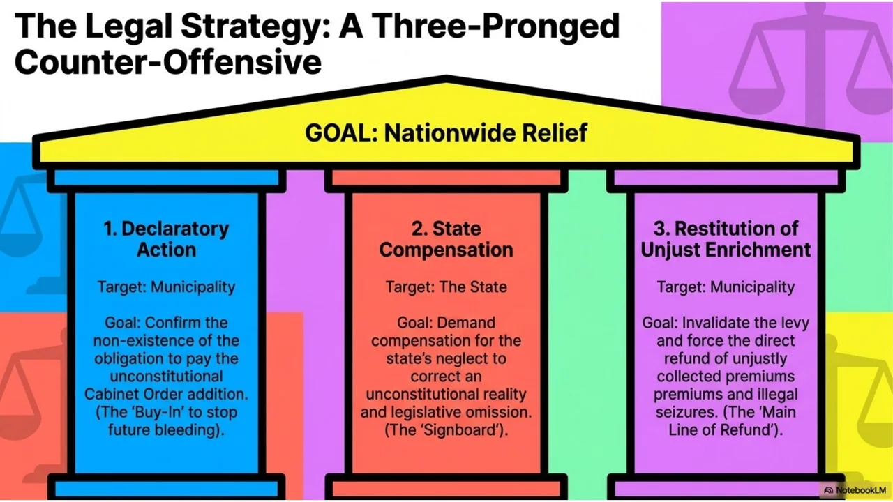 Slide 13 of 15. The legal strategy: a three-pronged counter-offensive.