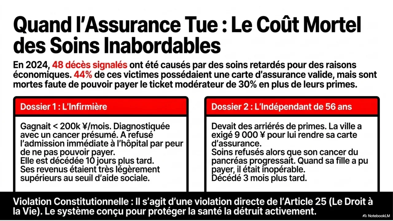 Diapositive 8 sur 15. Quand l'assurance tue : le coût mortel des soins inabordables.