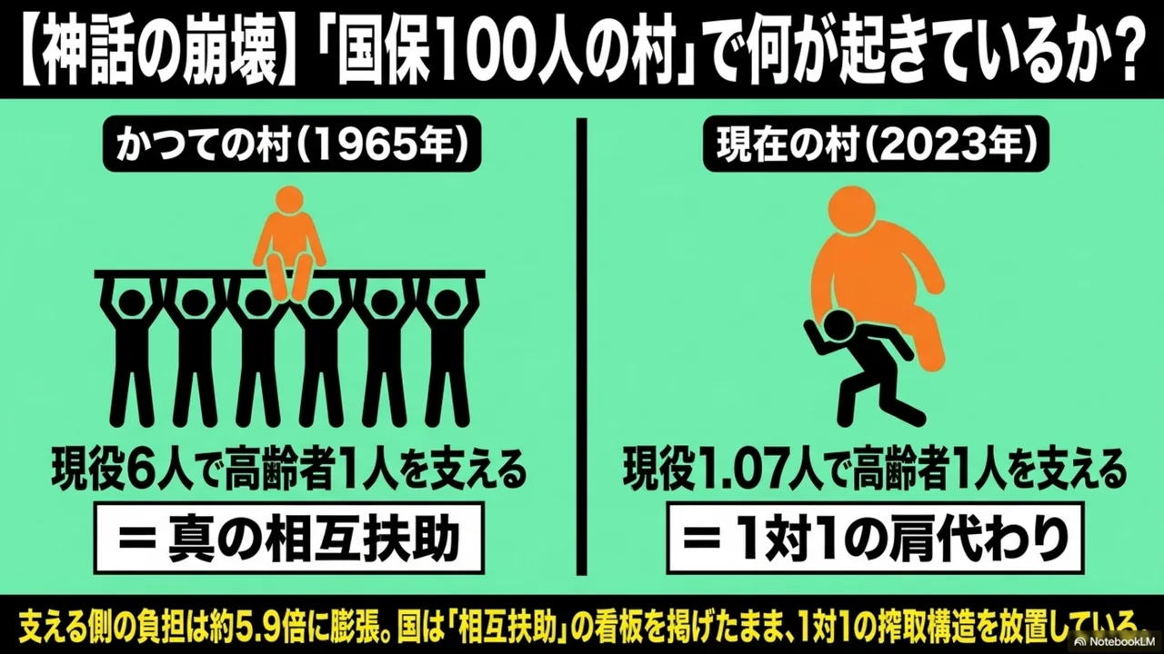 スライド 3/15. 100人の村で何が起きているか。1965年の村と2023年の村の対比。支える側の負担は約5.9倍に膨張。