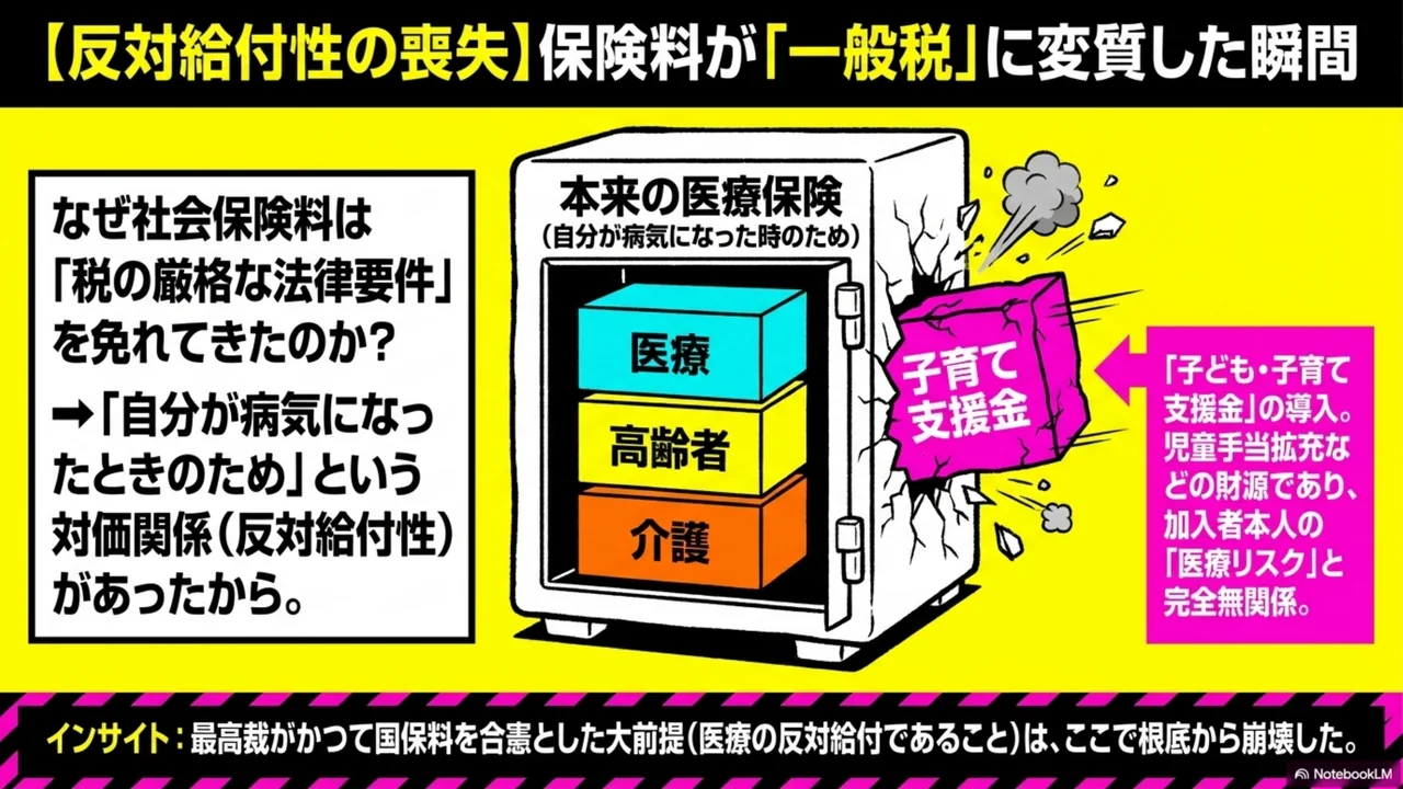 スライド 5/15. 反対給付性の喪失。保険料が「一般税」に変質した瞬間。