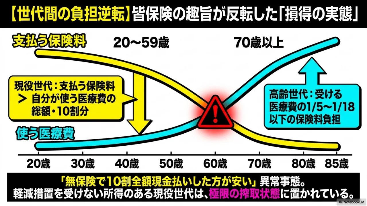 スライド 6/15. 世代間の負担逆転。皆保険の趣旨が反転した「損得の実態」。