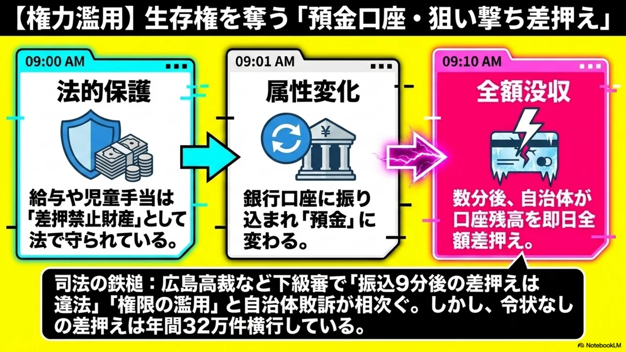 スライド 10/15. 権力濫用。生存権を奪う「預金口座・狙い撃ち差押え」。