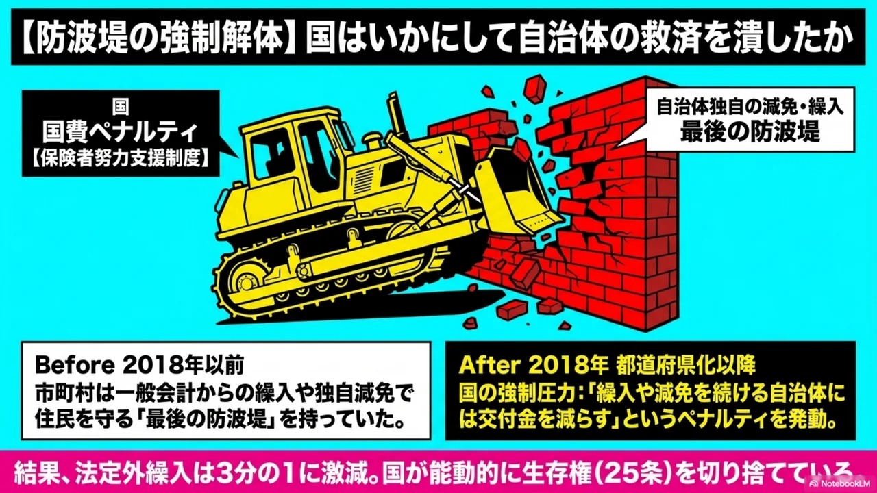 スライド 12/15. 防波堤の強制解体。国はいかにして自治体の救済を潰したか。