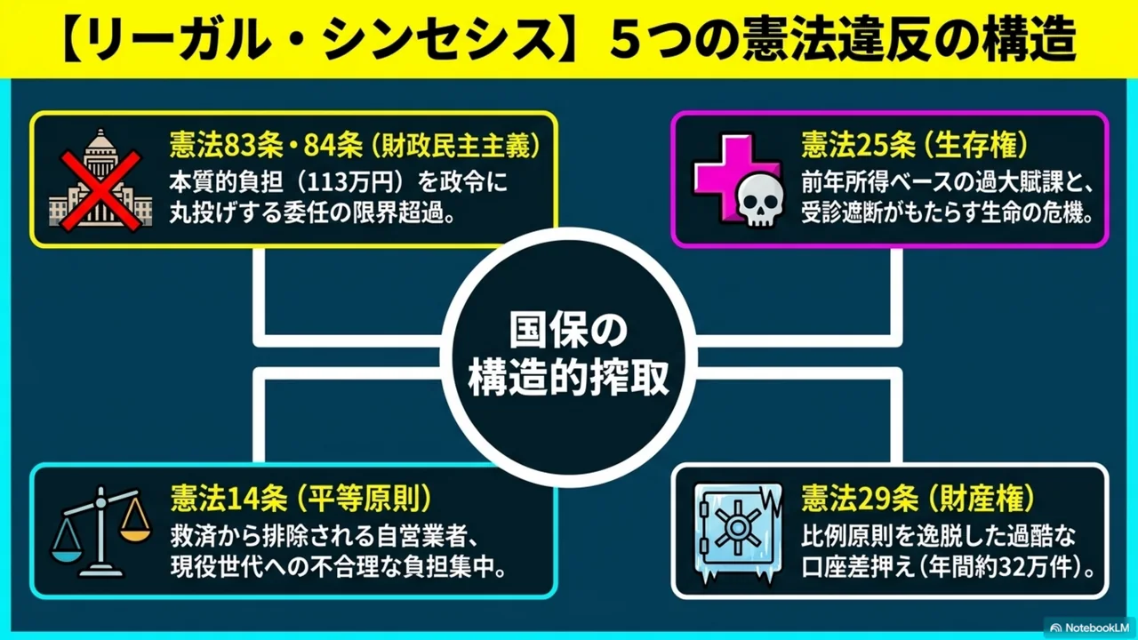 スライド 13/15. リーガル・シンセシス。憲法83条・84条（財政民主主義）、25条（生存権）、29条（財産権）などにわたる違憲の構造。