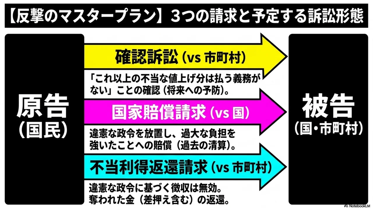 スライド 14/15. 反撃のマスタープラン。3つの請求と、予定する訴訟形態。