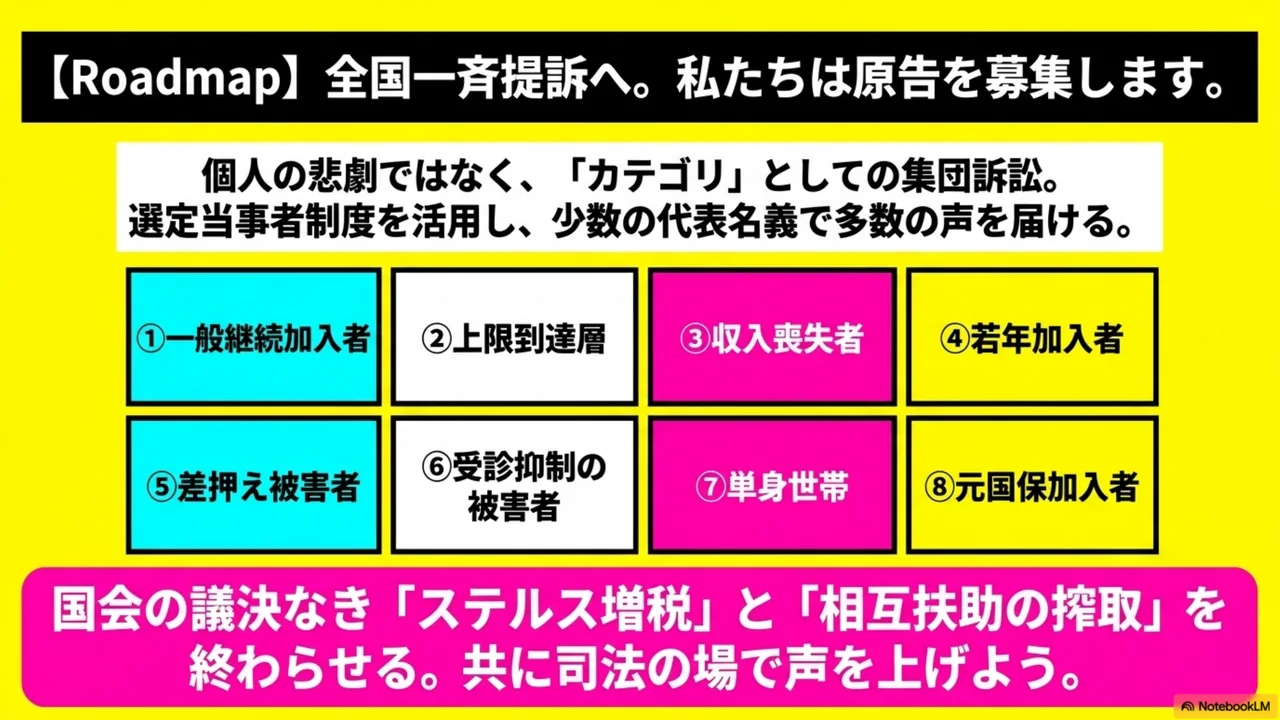 スライド 15/15. ロードマップ。全国一斉提訴へ。個人の悲劇ではなく、カテゴリとしての集団訴訟として原告を募集する。