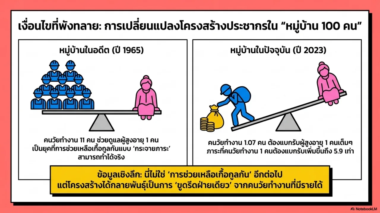 สไลด์ที่ 3 จาก 15. เงื่อนไขที่พังทลาย การเปลี่ยนแปลงโครงสร้างประชากรในหมู่บ้าน 100 คน