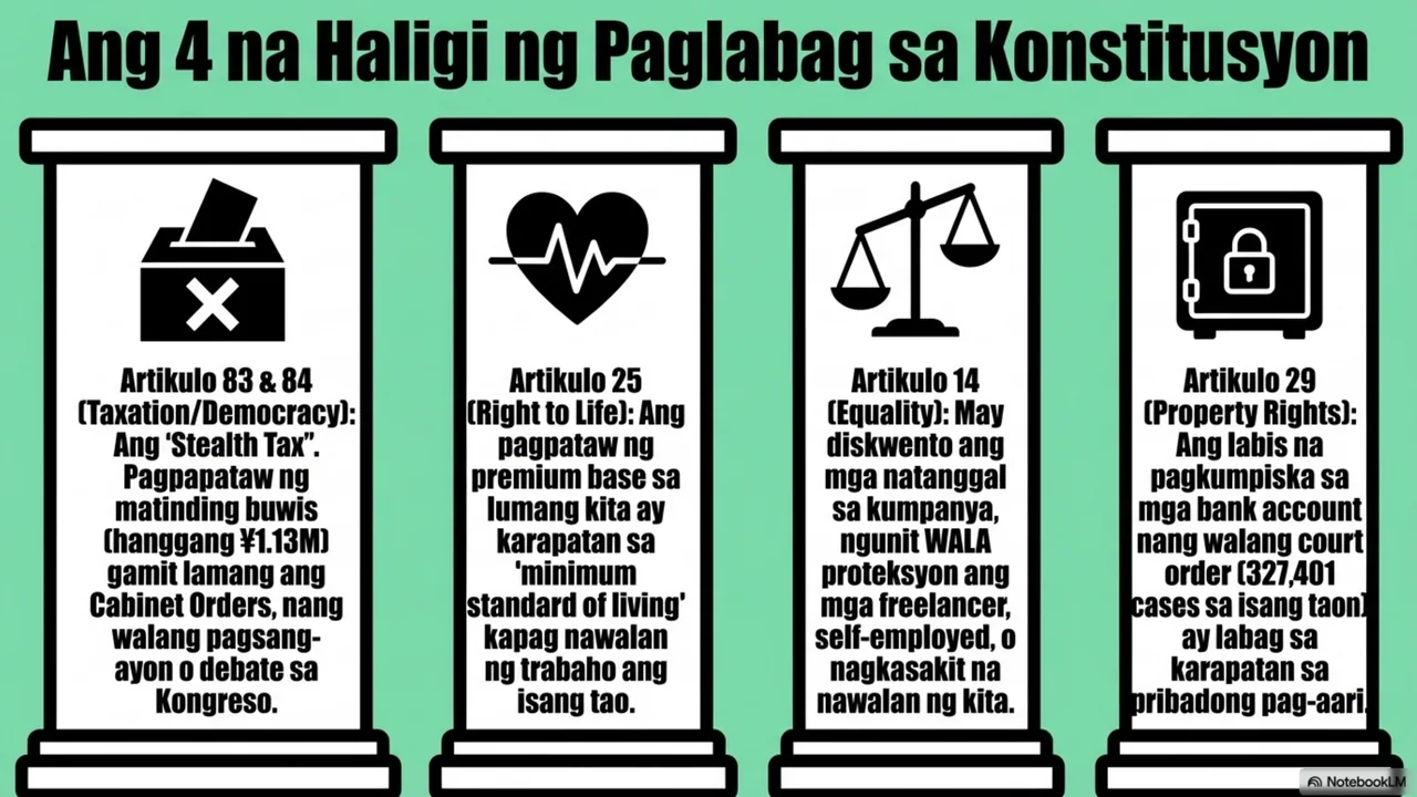 Slide 11 ng 14. Ang apat na haligi ng paglabag sa Konstitusyon: Artikulo 83 at 84, 25, 14 at 29.