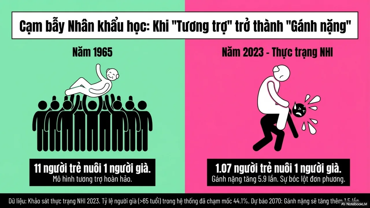 Trang 4 trên 15. Nhân khẩu học: khi tương trợ trở thành gánh nặng, năm 1965 so với năm 2023.