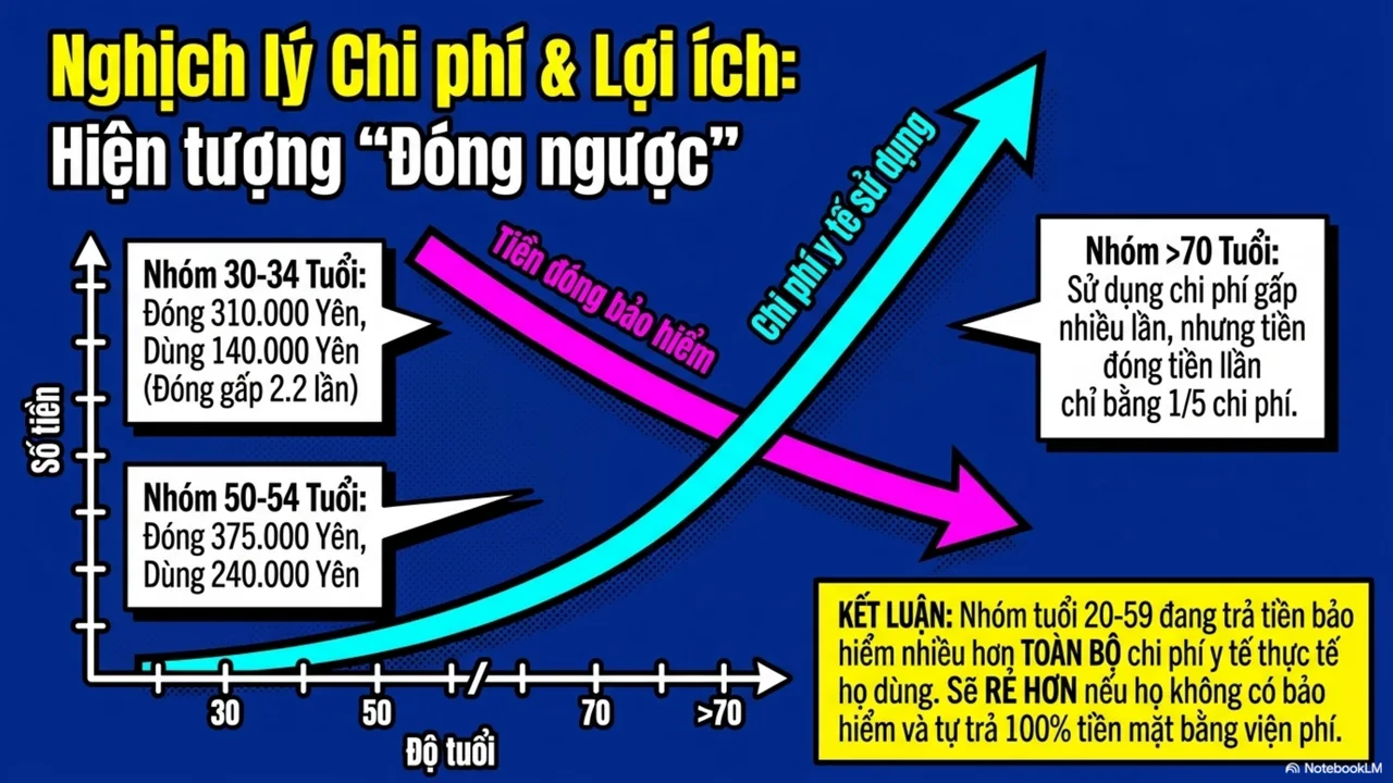 Trang 5 trên 15. Hiện tượng đóng ngược: nhóm 30 đến 34 tuổi đóng 310.000 yên, nhóm trên 70 tuổi hưởng nhiều hơn.